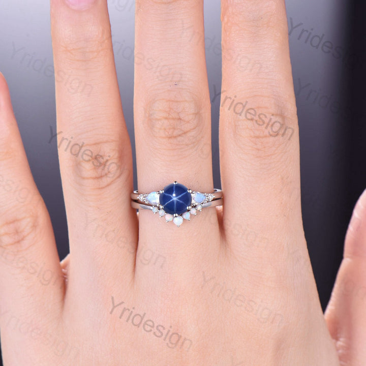 Vintage Star Sapphire Engagement Ring Set, Pear Moonstone & Opal - PENFINE