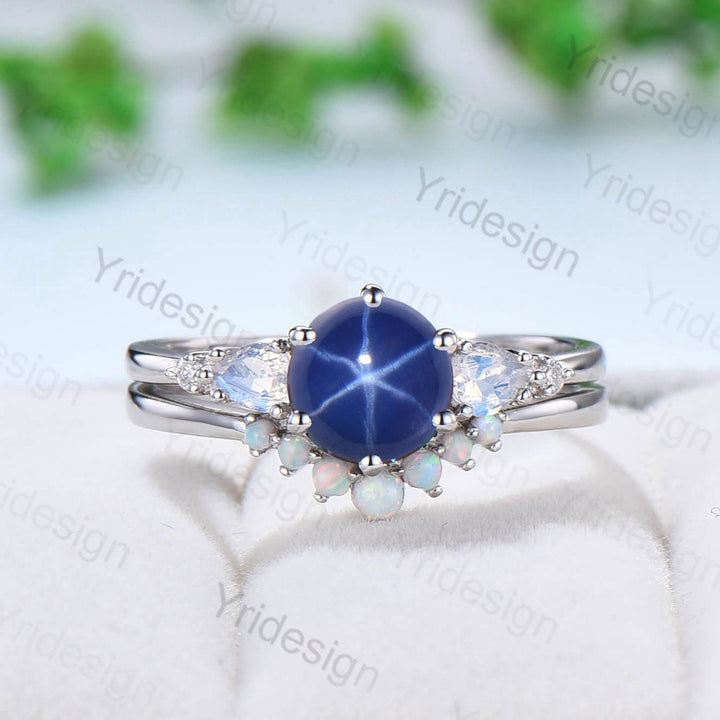 Vintage Star Sapphire Engagement Ring Set, Pear Moonstone & Opal - PENFINE