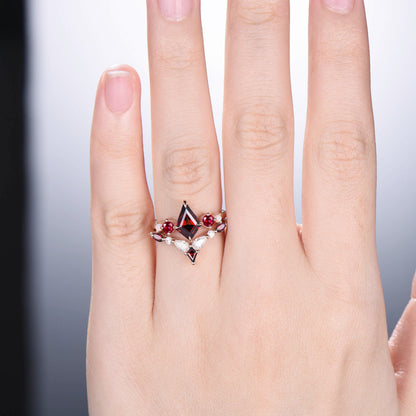 Vintage Kite Ruby Engagement Ring Set 1ct Ruby Bridal Wedding ring Set Art Deco Anniversary Gift Unique July Birthstone Bride Ring For Women - PENFINE