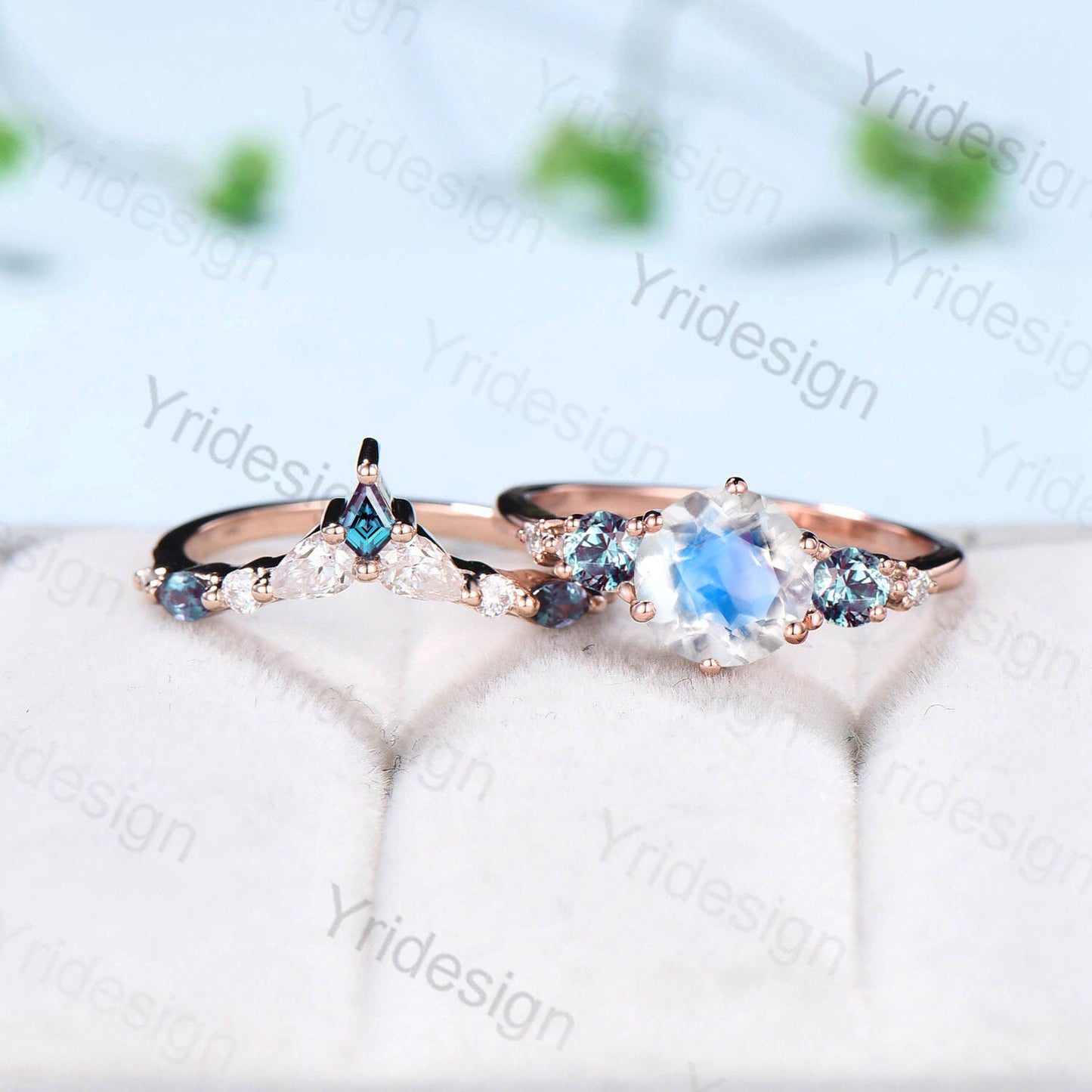 Vintage Rainbow Blue Moonstone Ring Set Unique Engagement Ring Set Five Stone Pear Alexandrite June Birthstone Anniversary Ring For Women - PENFINE