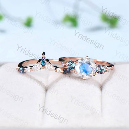 Vintage Rainbow Blue Moonstone Ring Set Unique Engagement Ring Set Five Stone Pear Alexandrite June Birthstone Anniversary Ring For Women - PENFINE