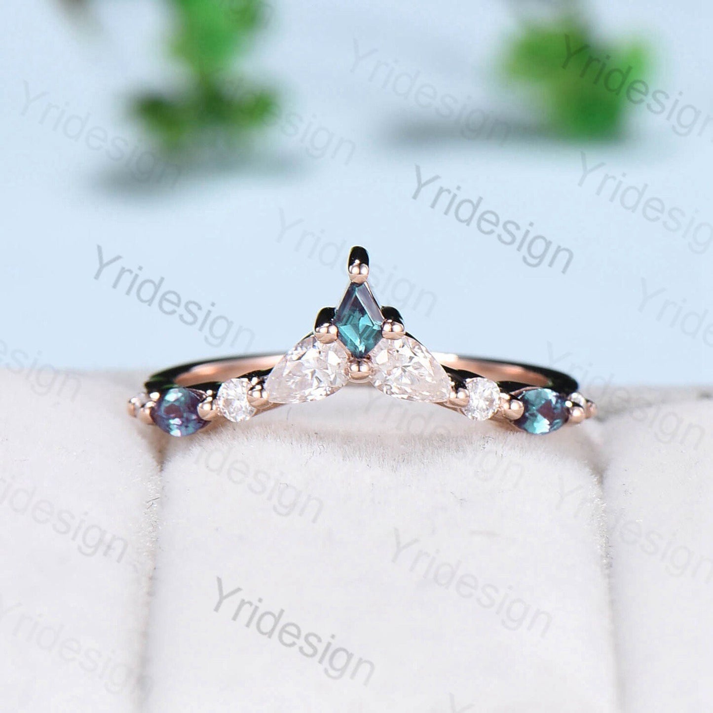 Vintage Rainbow Blue Moonstone Ring Set Unique Engagement Ring Set Five Stone Pear Alexandrite June Birthstone Anniversary Ring For Women - PENFINE