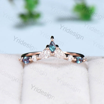 Vintage Rainbow Blue Moonstone Ring Set Unique Engagement Ring Set Five Stone Pear Alexandrite June Birthstone Anniversary Ring For Women - PENFINE