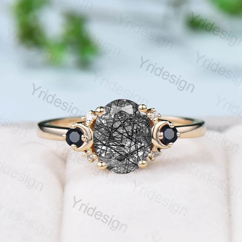 Oval cut black rutilated quartz engagement ring set vintage wedding ring set unique promise ring women art deco black spinel matching band - PENFINE