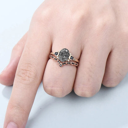Oval cut black rutilated quartz engagement ring set vintage wedding ring set unique promise ring women art deco black spinel matching band - PENFINE