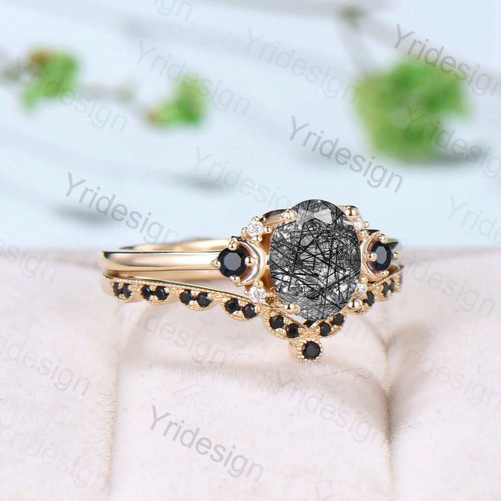 Oval cut black rutilated quartz engagement ring set vintage wedding ring set unique promise ring women art deco black spinel matching band - PENFINE