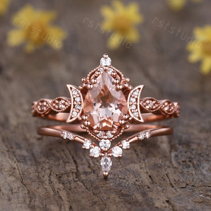 Morganite Engagement Ring Set: Marquise Diamond, 14K Rose Gold Moon Design