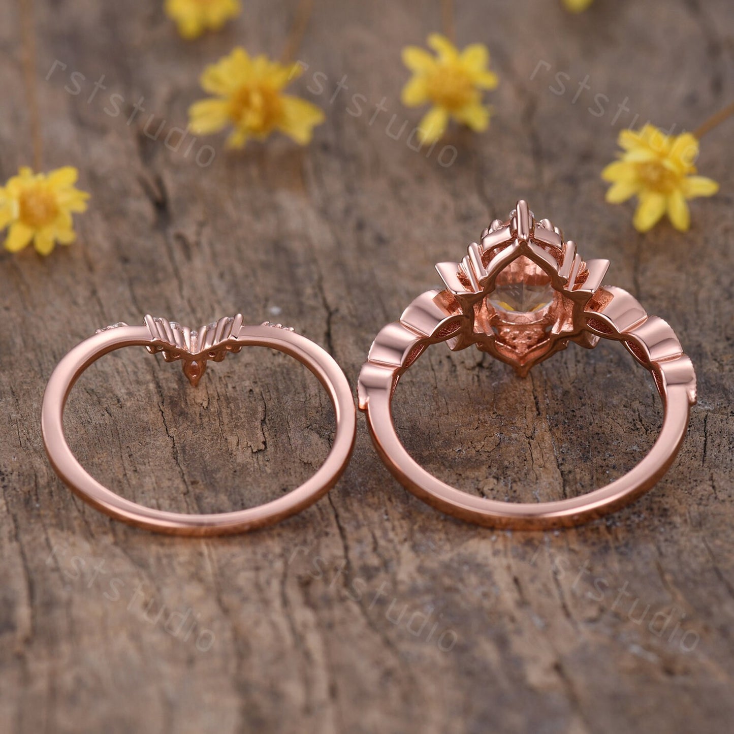 Morganite Engagement Ring Set: Marquise Diamond, 14K Rose Gold Moon Design