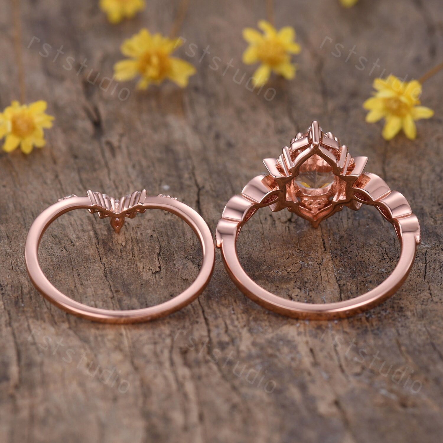 Morganite Engagement Ring Set: Marquise Diamond, 14K Rose Gold Moon Design