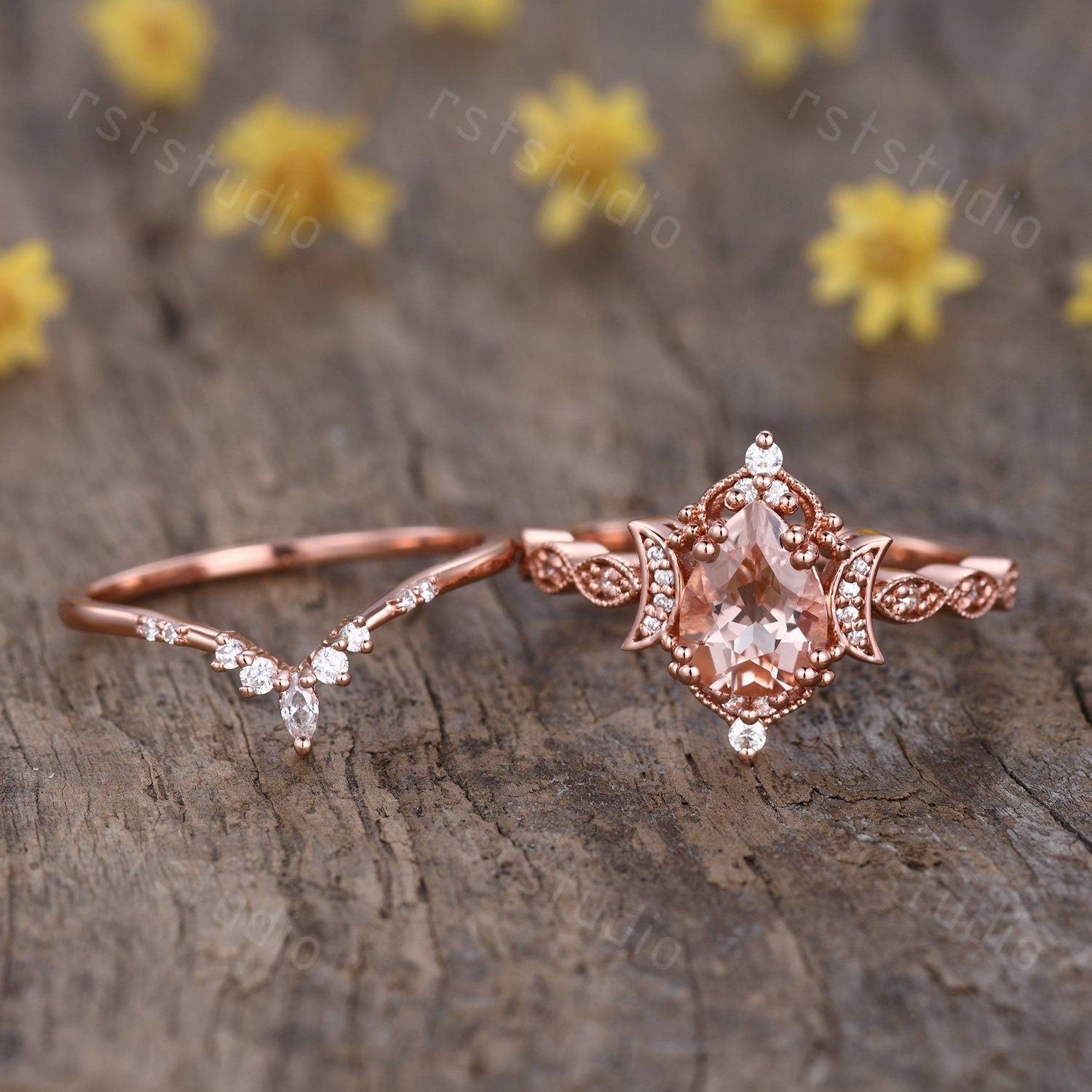 Morganite Engagement Ring Set: Marquise Diamond, 14K Rose Gold Moon Design