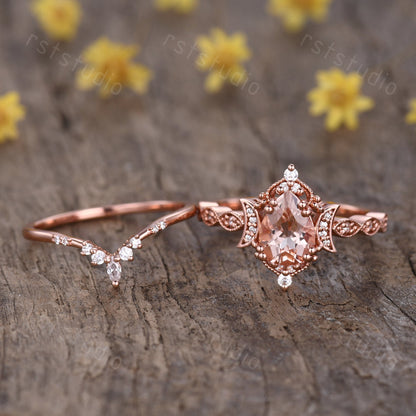 Morganite Engagement Ring Set: Marquise Diamond, 14K Rose Gold Moon Design