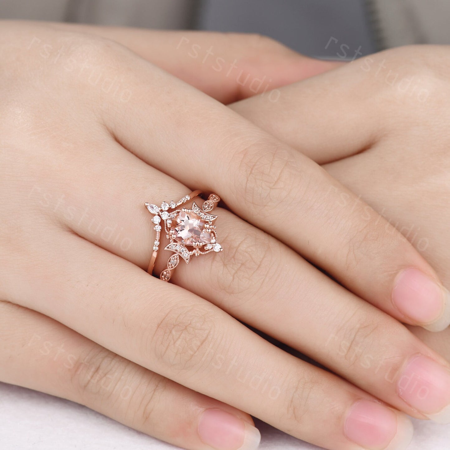 Morganite Engagement Ring Set: Marquise Diamond, 14K Rose Gold Moon Design