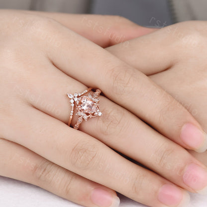 Morganite Engagement Ring Set: Marquise Diamond, 14K Rose Gold Moon Design