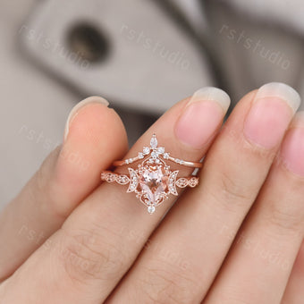 Morganite Engagement Ring Set: Marquise Diamond, 14K Rose Gold Moon Design