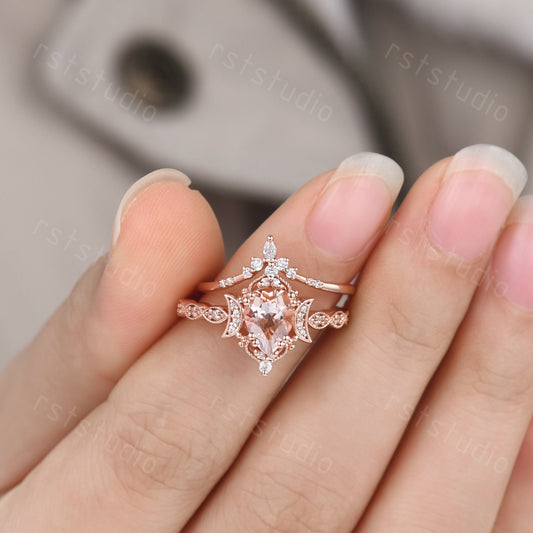 Morganite Engagement Ring Set: Marquise Diamond, 14K Rose Gold Moon Design