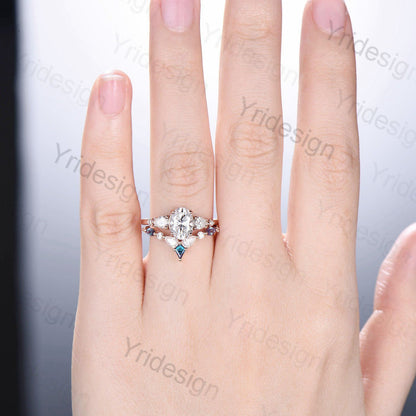 Vintage Oval Moissanite engagement ring set unique moissanite alexandrite wedding set crown art deco stacking band Bridal Promise ring Women - PENFINE