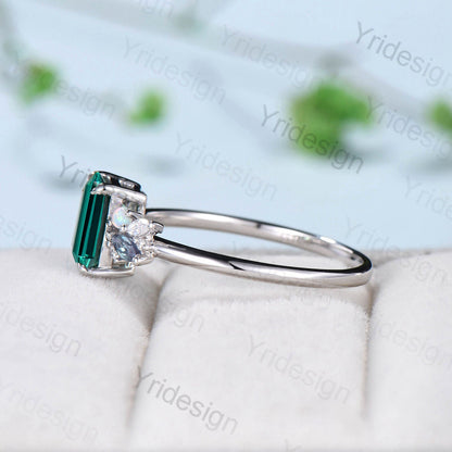 Vintage Emerald Cut Emerald Engagement Ring Rose Gold Alternative Alexandrite Opal Wedding Ring For Women Unique Cluster Promise Ring Gift - PENFINE
