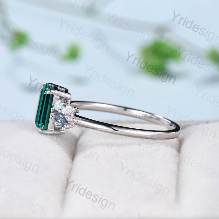 Vintage Emerald Cut Emerald Engagement Ring Rose Gold Alternative Alexandrite Opal Wedding Ring For Women Unique Cluster Promise Ring Gift - PENFINE
