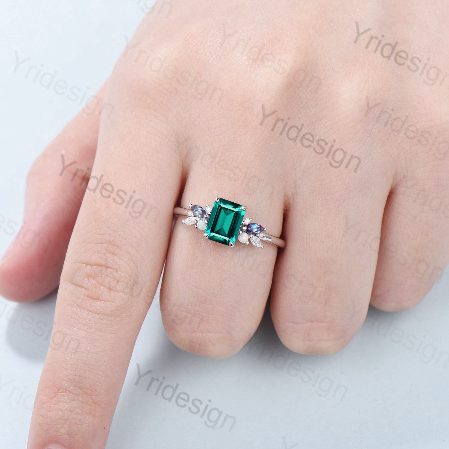 Vintage Emerald Cut Emerald Engagement Ring Rose Gold Alternative Alexandrite Opal Wedding Ring For Women Unique Cluster Promise Ring Gift - PENFINE