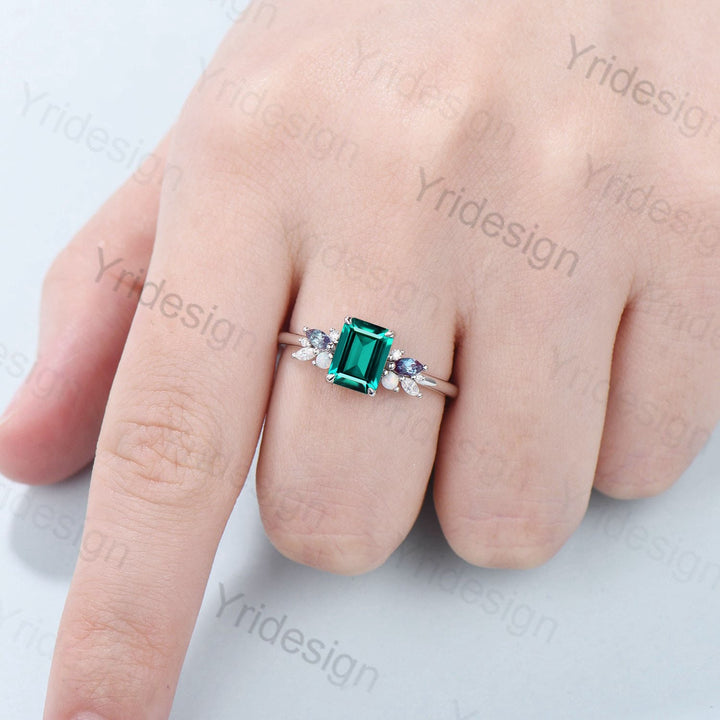 Vintage Emerald Cut Emerald Engagement Ring Rose Gold Alternative Alexandrite Opal Wedding Ring For Women Unique Cluster Promise Ring Gift - PENFINE