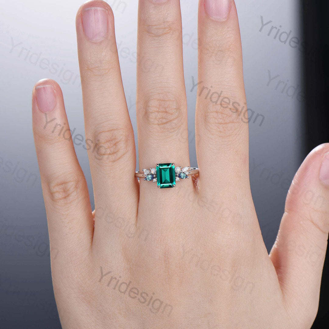 Vintage Emerald Cut Emerald Engagement Ring Rose Gold Alternative Alexandrite Opal Wedding Ring For Women Unique Cluster Promise Ring Gift - PENFINE
