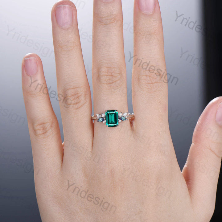 Vintage Emerald Cut Emerald Engagement Ring Rose Gold Alternative Alexandrite Opal Wedding Ring For Women Unique Cluster Promise Ring Gift - PENFINE