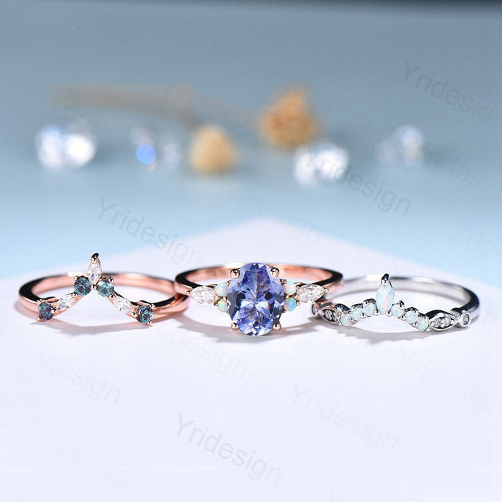 Vintage tanzanite engagement ring set | Unique rose gold wedding set | Art deco opal alexandrite stacking ring | bridal promise ring set - PENFINE