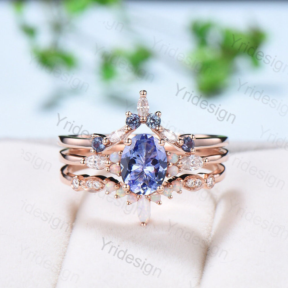 Vintage tanzanite engagement ring set | Unique rose gold wedding set | Art deco opal alexandrite stacking ring | bridal promise ring set - PENFINE