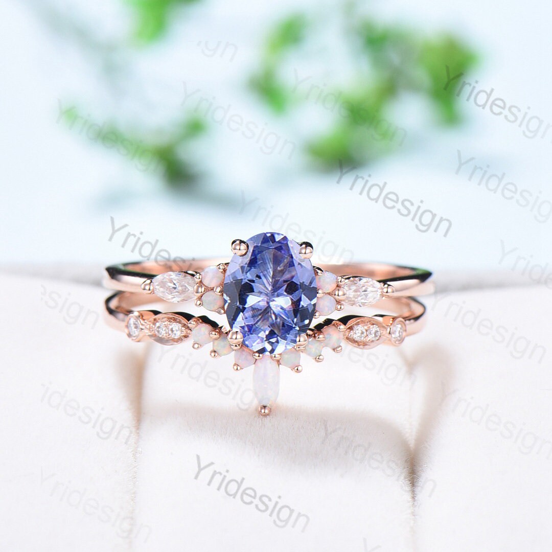 Vintage tanzanite engagement ring set | Unique rose gold wedding set | Art deco opal alexandrite stacking ring | bridal promise ring set - PENFINE