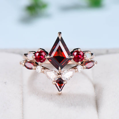 Vintage Kite Ruby Engagement Ring Set 1ct Ruby Bridal Wedding ring Set Art Deco Anniversary Gift Unique July Birthstone Bride Ring For Women - PENFINE