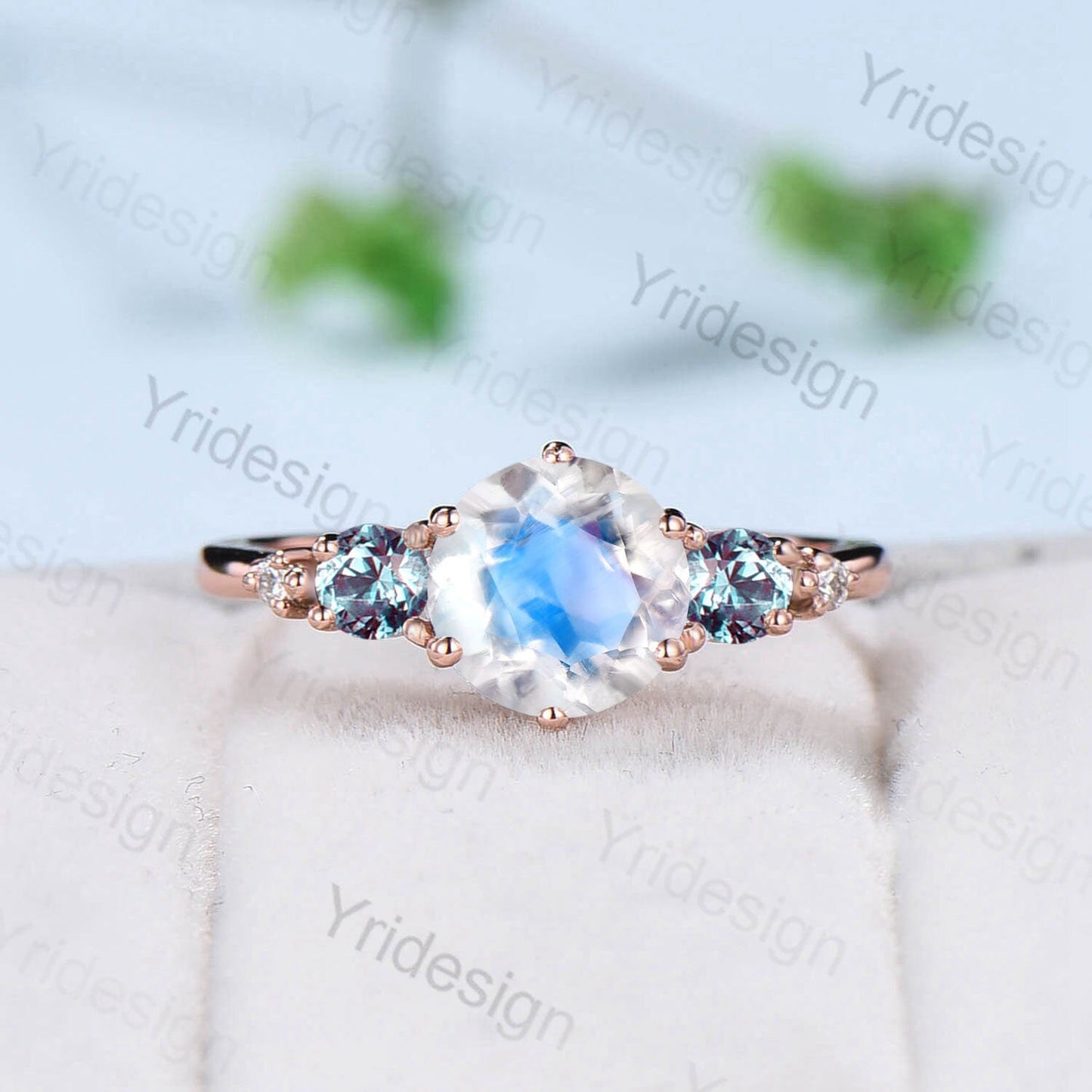 Vintage Rainbow Blue Moonstone Ring Set Unique Engagement Ring Set Five Stone Pear Alexandrite June Birthstone Anniversary Ring For Women - PENFINE