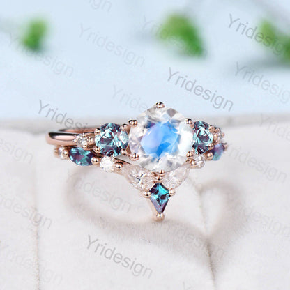 Vintage Rainbow Blue Moonstone Ring Set Unique Engagement Ring Set Five Stone Pear Alexandrite June Birthstone Anniversary Ring For Women - PENFINE