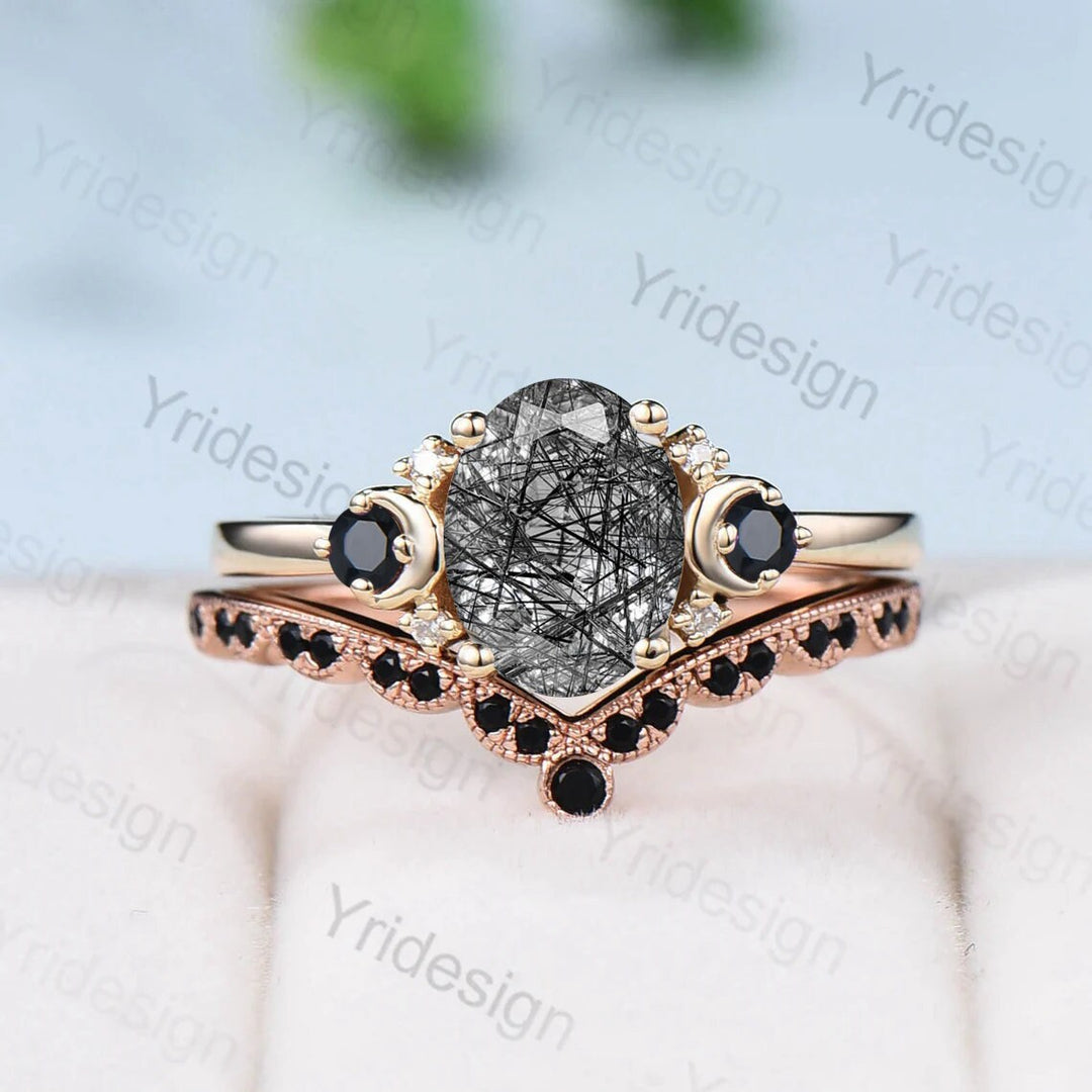 Oval cut black rutilated quartz engagement ring set vintage wedding ring set unique promise ring women art deco black spinel matching band - PENFINE