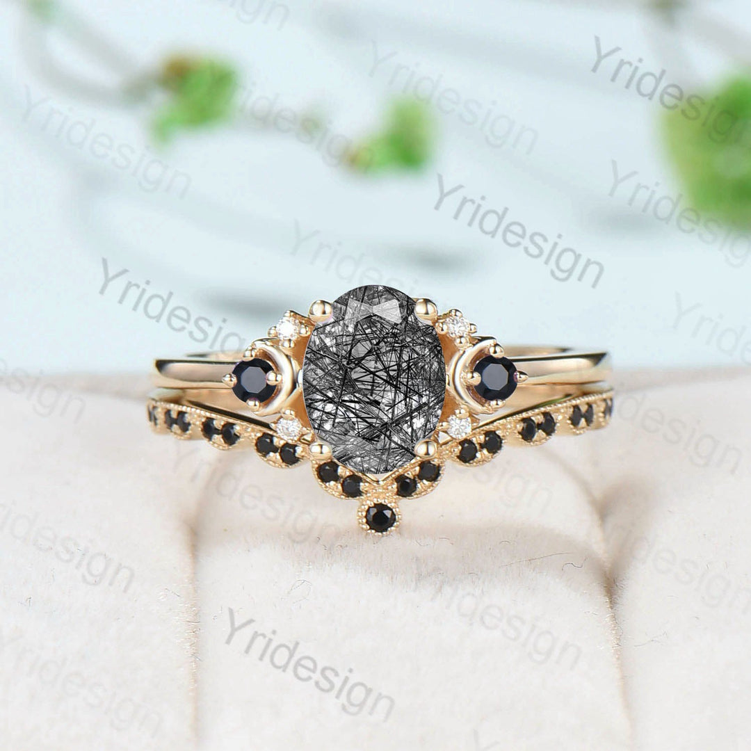 Oval cut black rutilated quartz engagement ring set vintage wedding ring set unique promise ring women art deco black spinel matching band - PENFINE