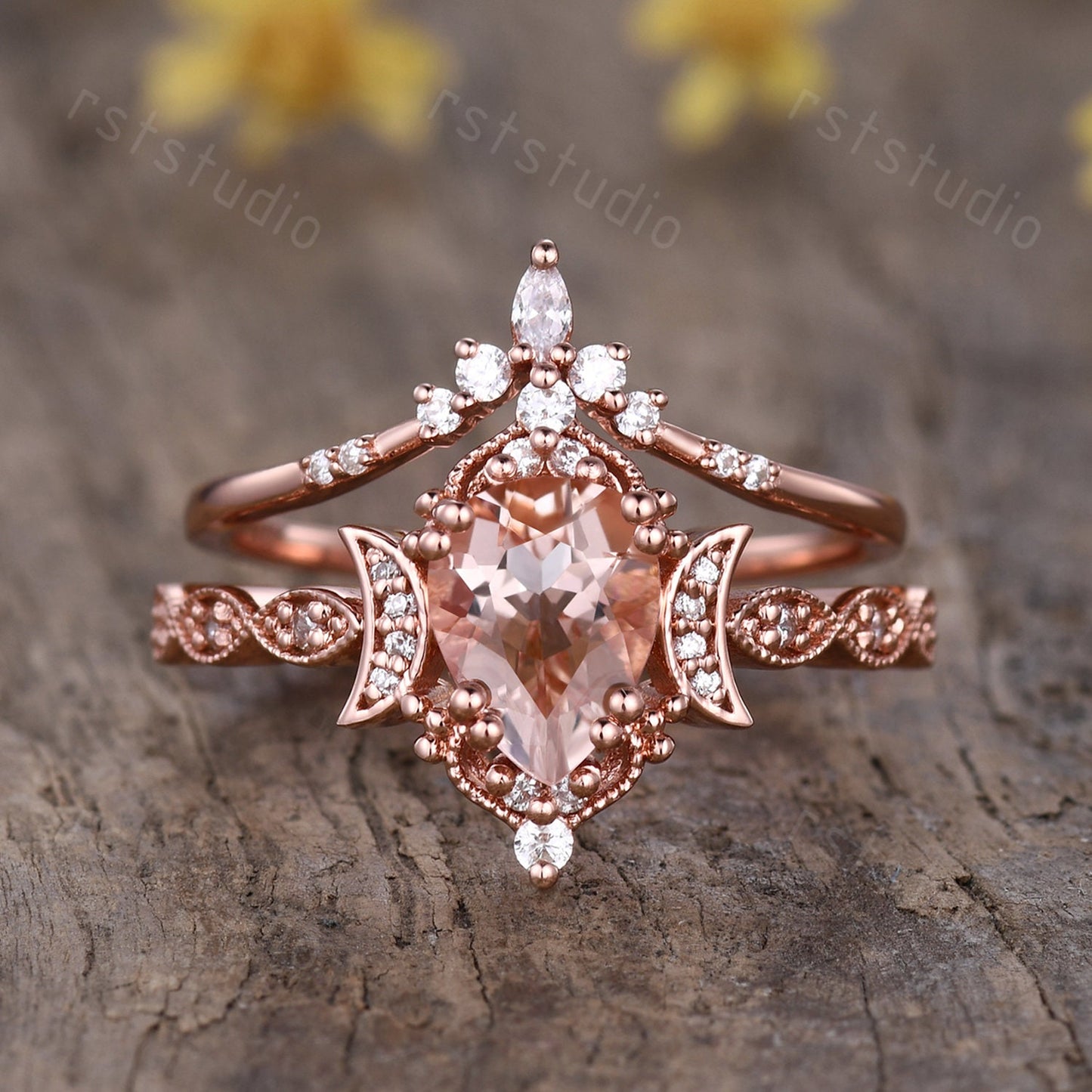 Morganite Engagement Ring Set: Marquise Diamond, 14K Rose Gold Moon Design