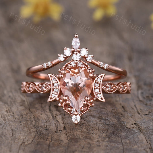 Morganite Engagement Ring Set: Marquise Diamond, 14K Rose Gold Moon Design