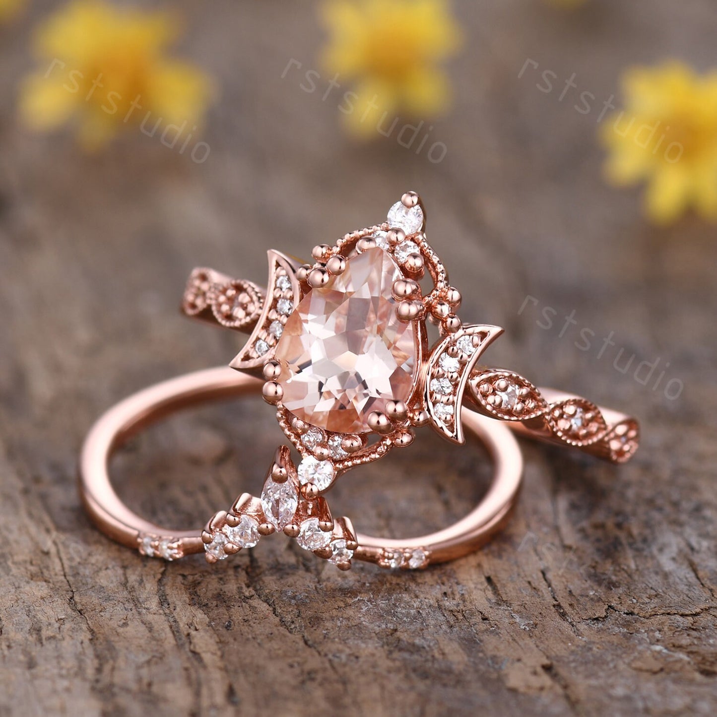 Morganite Engagement Ring Set: Marquise Diamond, 14K Rose Gold Moon Design