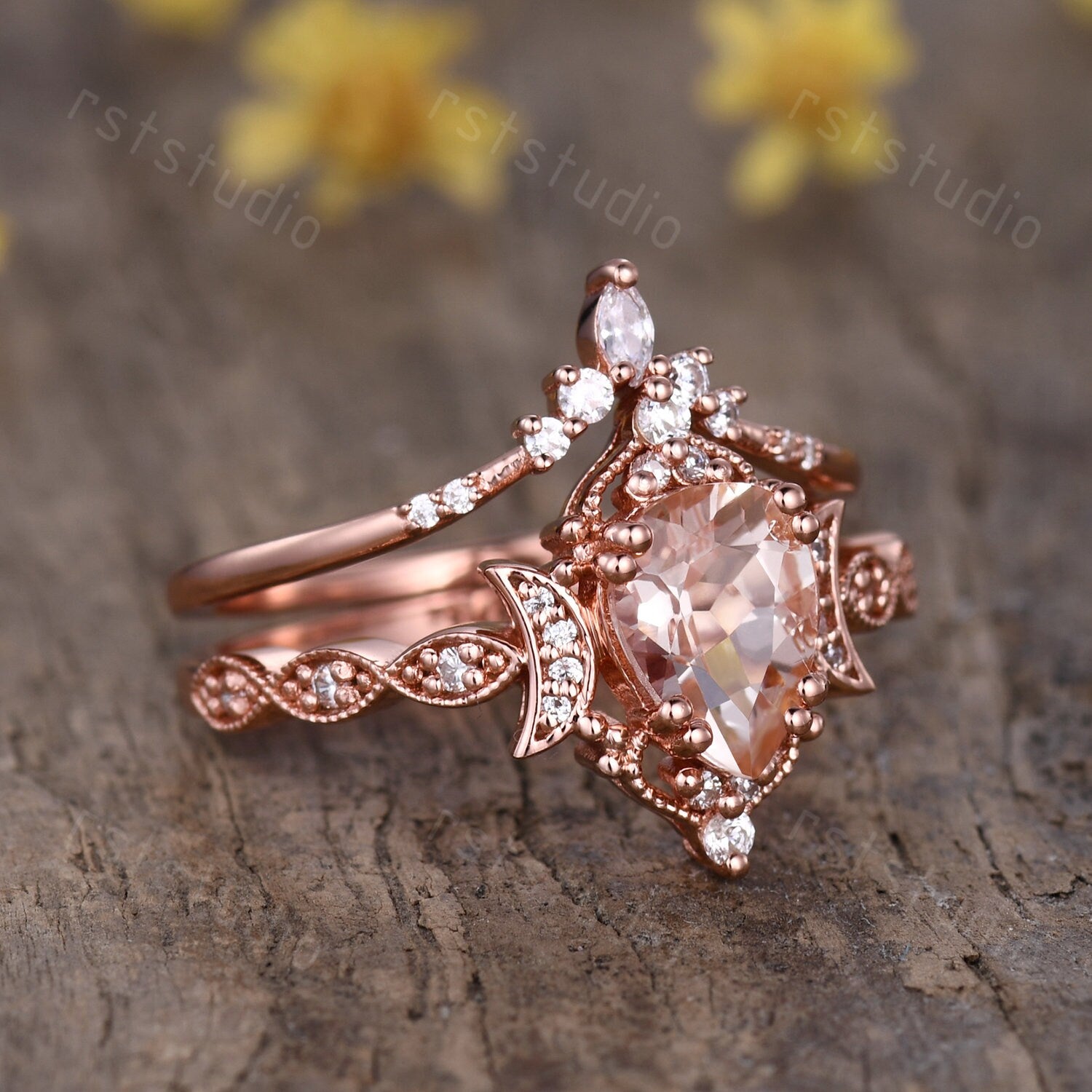 Morganite Engagement Ring Set: Marquise Diamond, 14K Rose Gold Moon Design