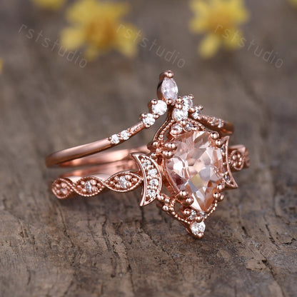 Morganite Engagement Ring Set: Marquise Diamond, 14K Rose Gold Moon Design