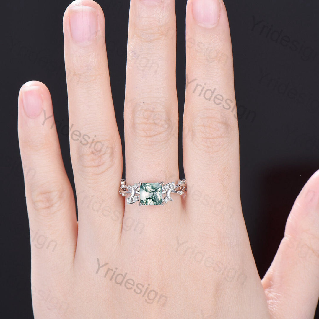 7mm Princess moss agate engagement ring crescent natural green agate celtic bridal ring Unique cluster moissanite anniversary gift for Women - PENFINE