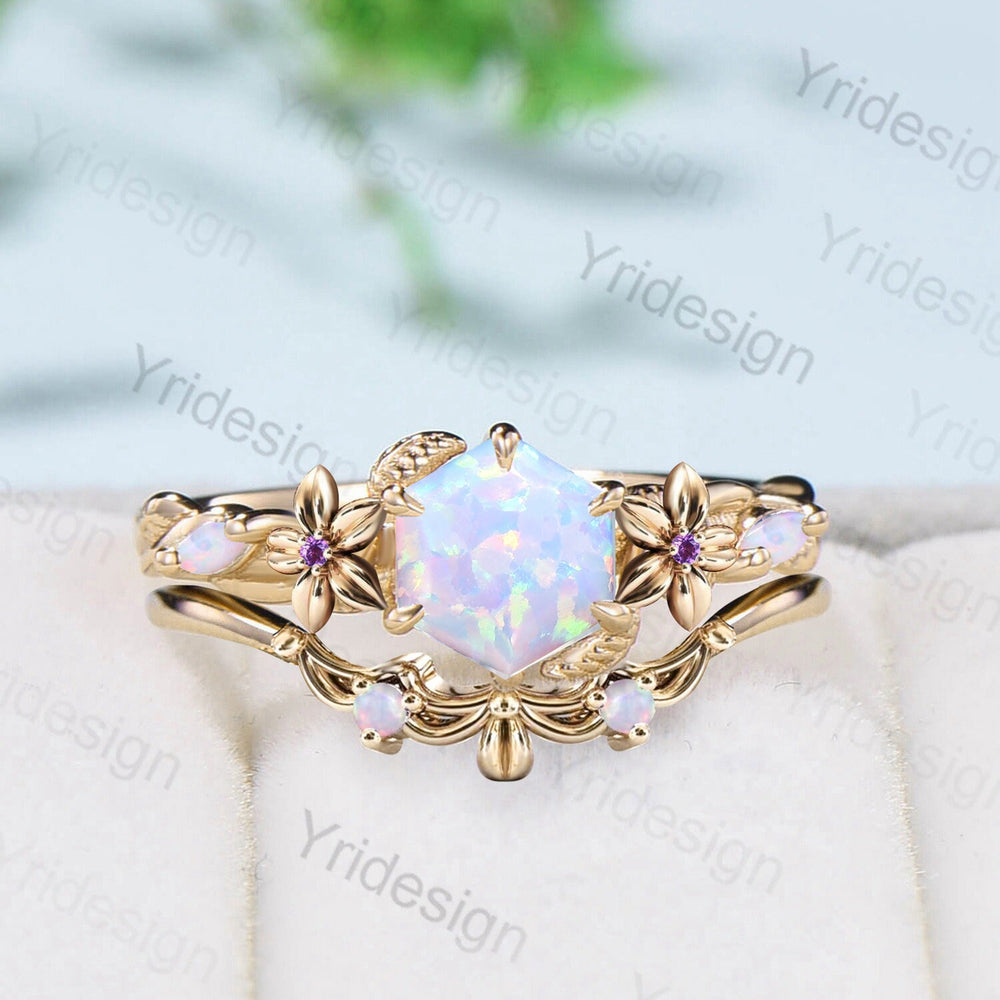 Flower white opal engagement ring set Nature Inspired hexagon fire opal amethyst wedding ring for women vintage cluster leaf bridal set - PENFINE