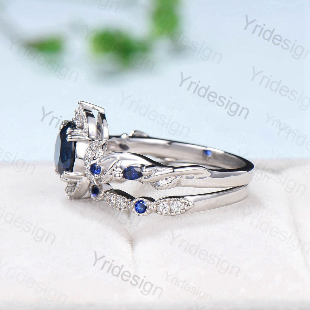 Crescent Moon Blue Sapphire Engagement Ring Set Unique Nature Inspired Wedding Ring Art Deco Open Gap Sapphire Bridal Ring Set for Women - PENFINE