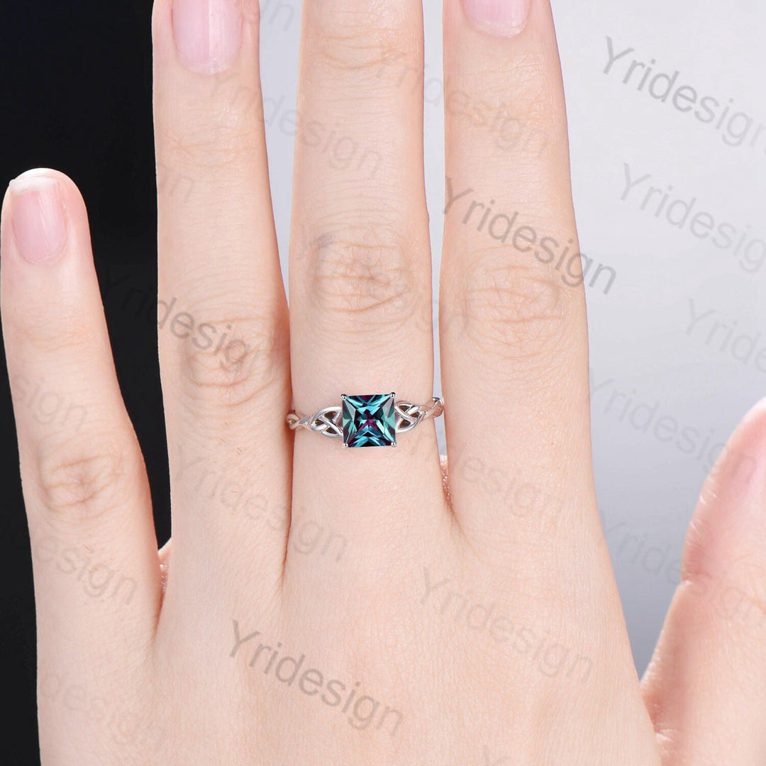 Celtic Love Knot Alexandrite Engagement Ring Silver White gold Vintage Unique Twisted Norse Viking Color Changing Wedding Ring For Women - PENFINE