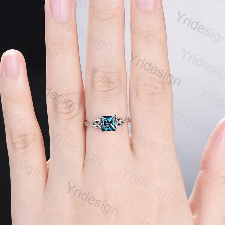 Celtic Love Knot Alexandrite Engagement Ring Silver White gold Vintage Unique Twisted Norse Viking Color Changing Wedding Ring For Women - PENFINE