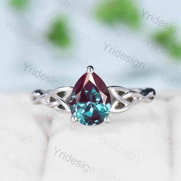Celtic Love Knot Alexandrite Engagement Ring Silver White gold Vintage Unique Twisted Norse Viking Color Changing Wedding Ring For Women - PENFINE