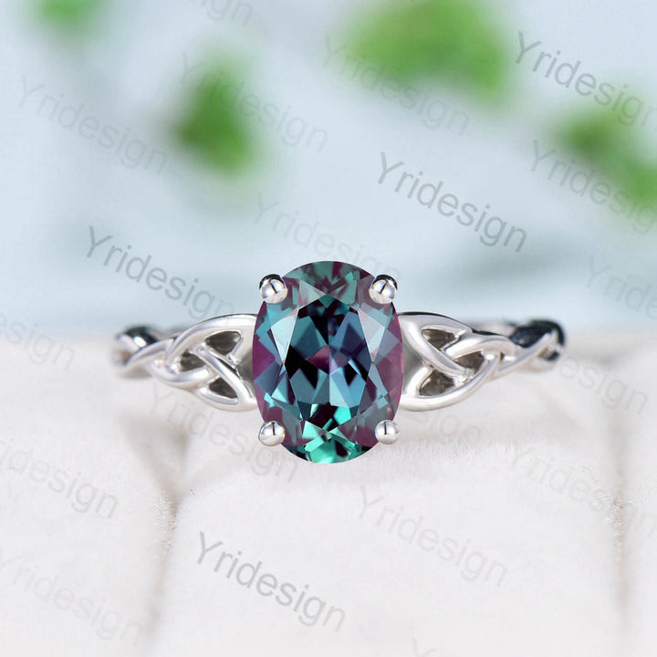 Celtic Love Knot Alexandrite Engagement Ring Silver White gold Vintage Unique Twisted Norse Viking Color Changing Wedding Ring For Women - PENFINE