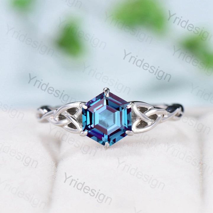 Celtic Love Knot Alexandrite Engagement Ring Silver White gold Vintage Unique Twisted Norse Viking Color Changing Wedding Ring For Women - PENFINE
