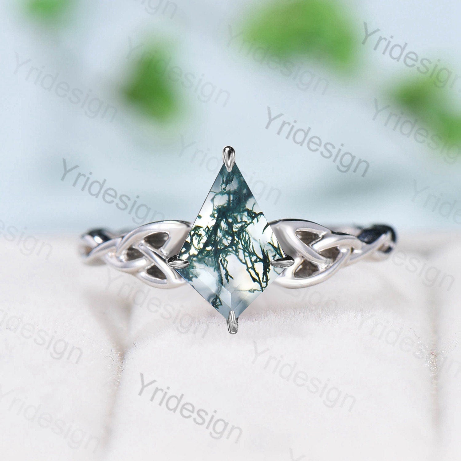 Moss Agate Ring, 925 Sterling Silver Celtic Knot, Pear Cut - PENFINE