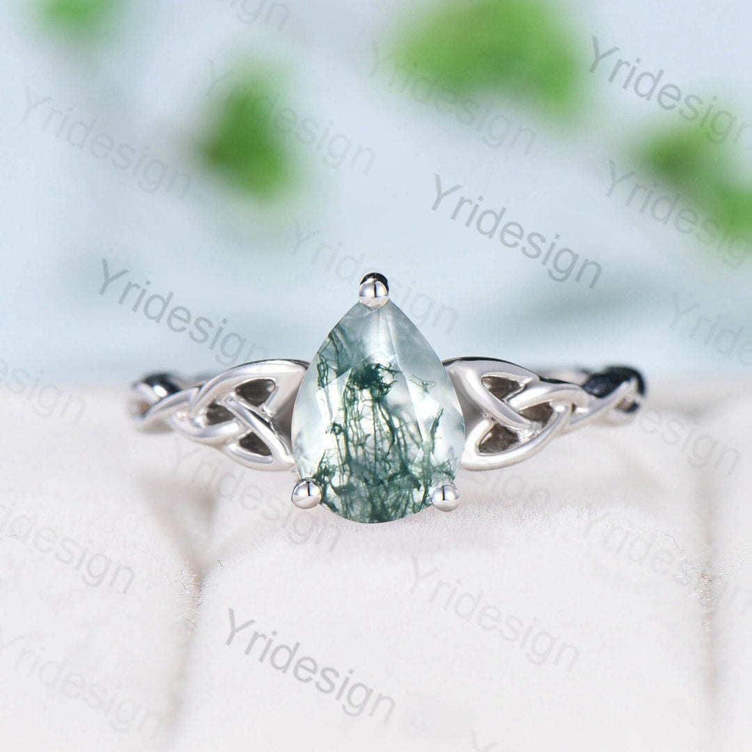 Moss Agate Ring, 925 Sterling Silver Celtic Knot, Pear Cut - PENFINE