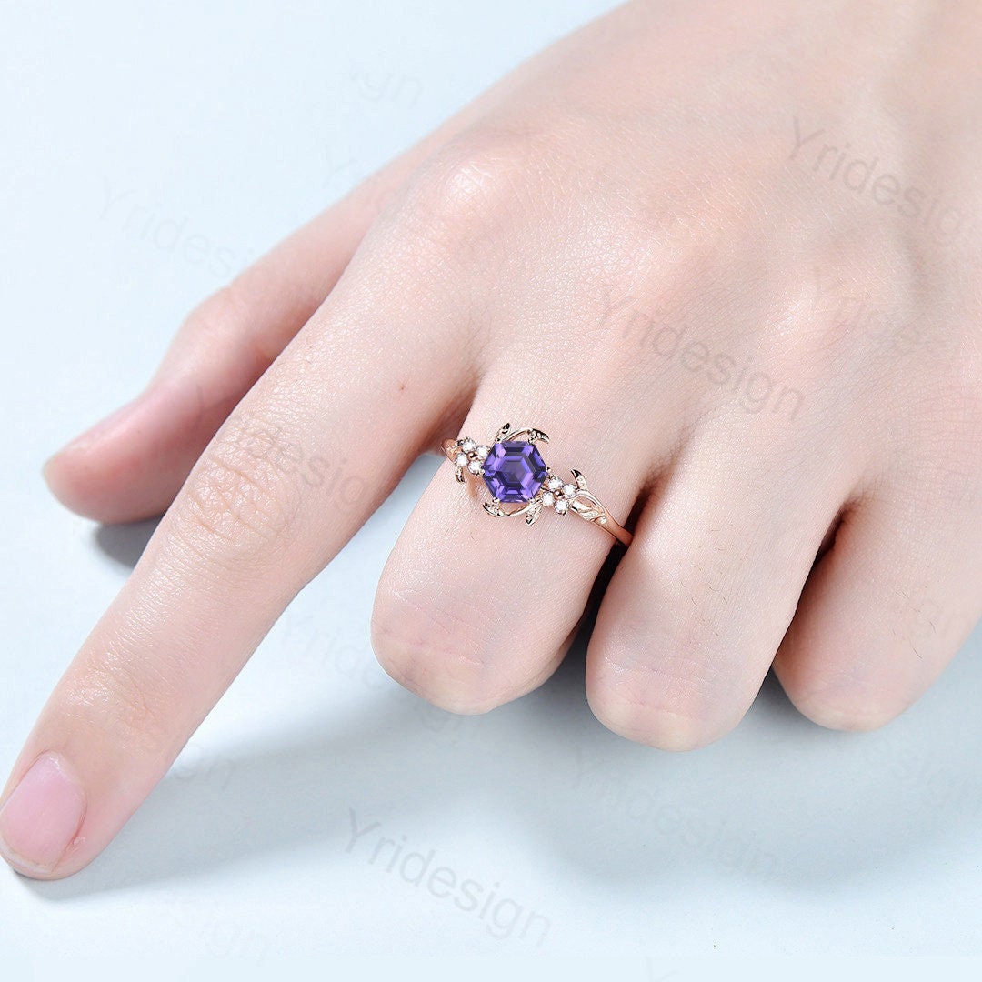 Hexagon Cut Lab Purple Sapphire Ring - Nature Inspired Leaf Vine Band - PENFINE